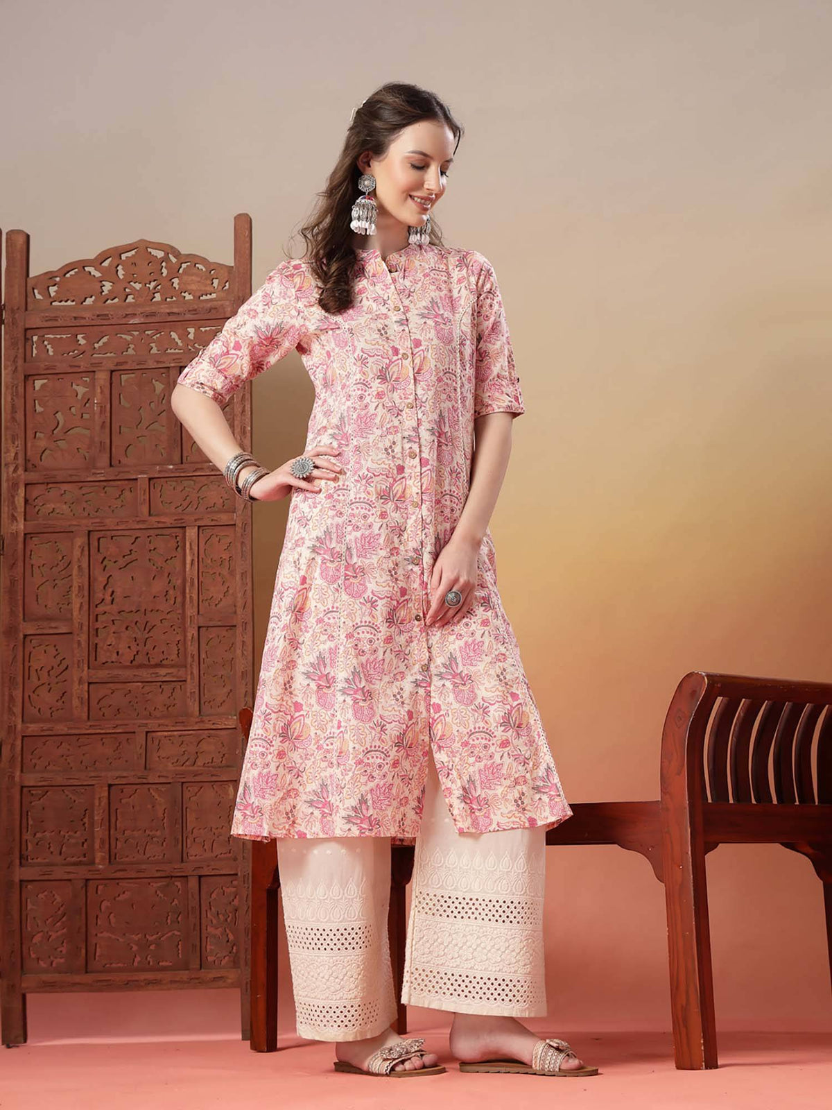 Pink Floral Printed Rayon A-Line Kurta | FY93 - view 3