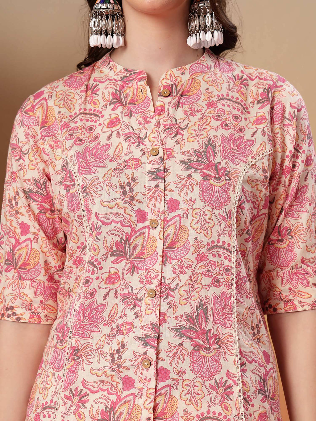 Pink Floral Printed Rayon A-Line Kurta | KDG - view 4