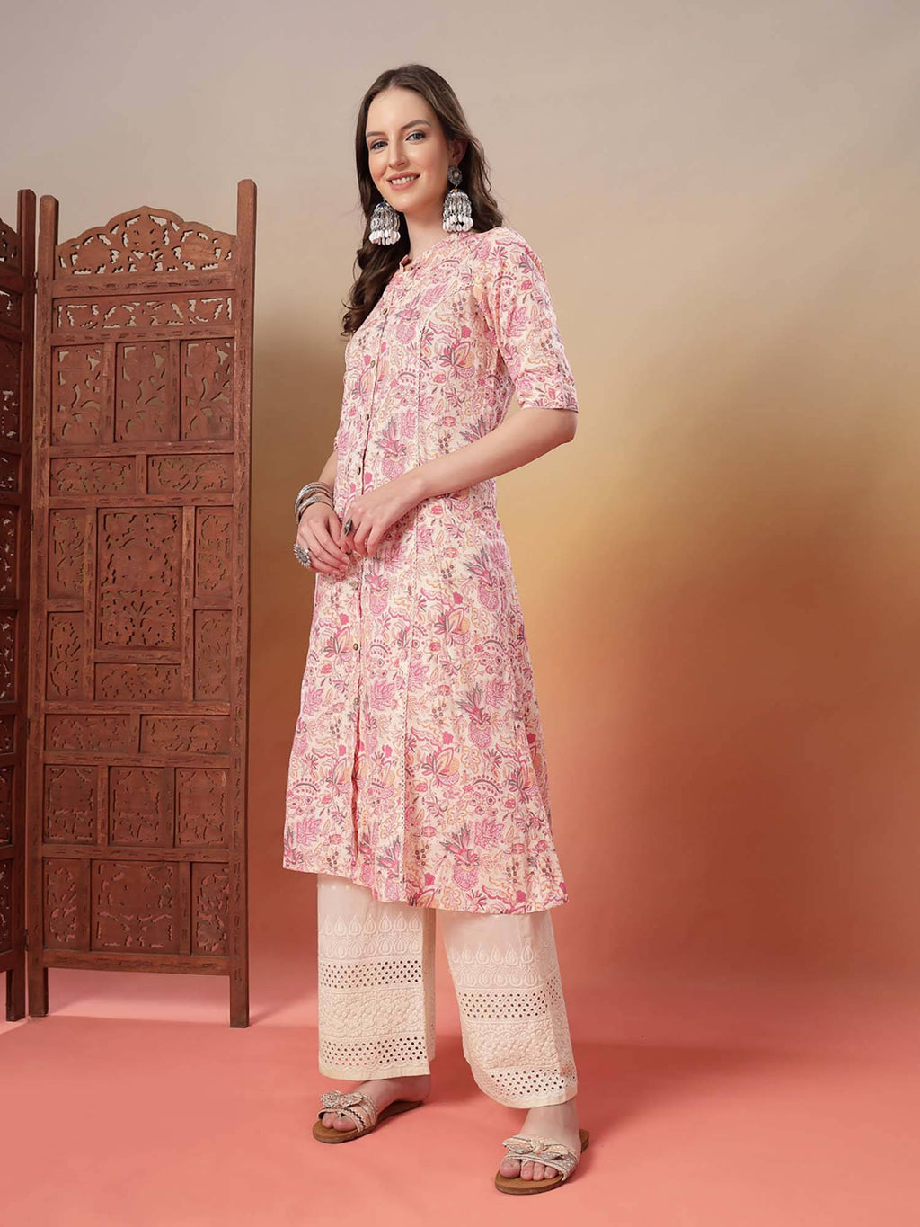 Pink Floral Printed Rayon A-Line Kurta | FY93 - view 5