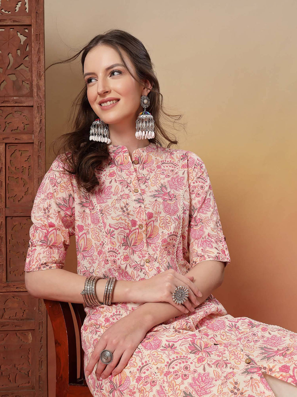 Pink Floral Printed Rayon A-Line Kurta | FY93 - view 6