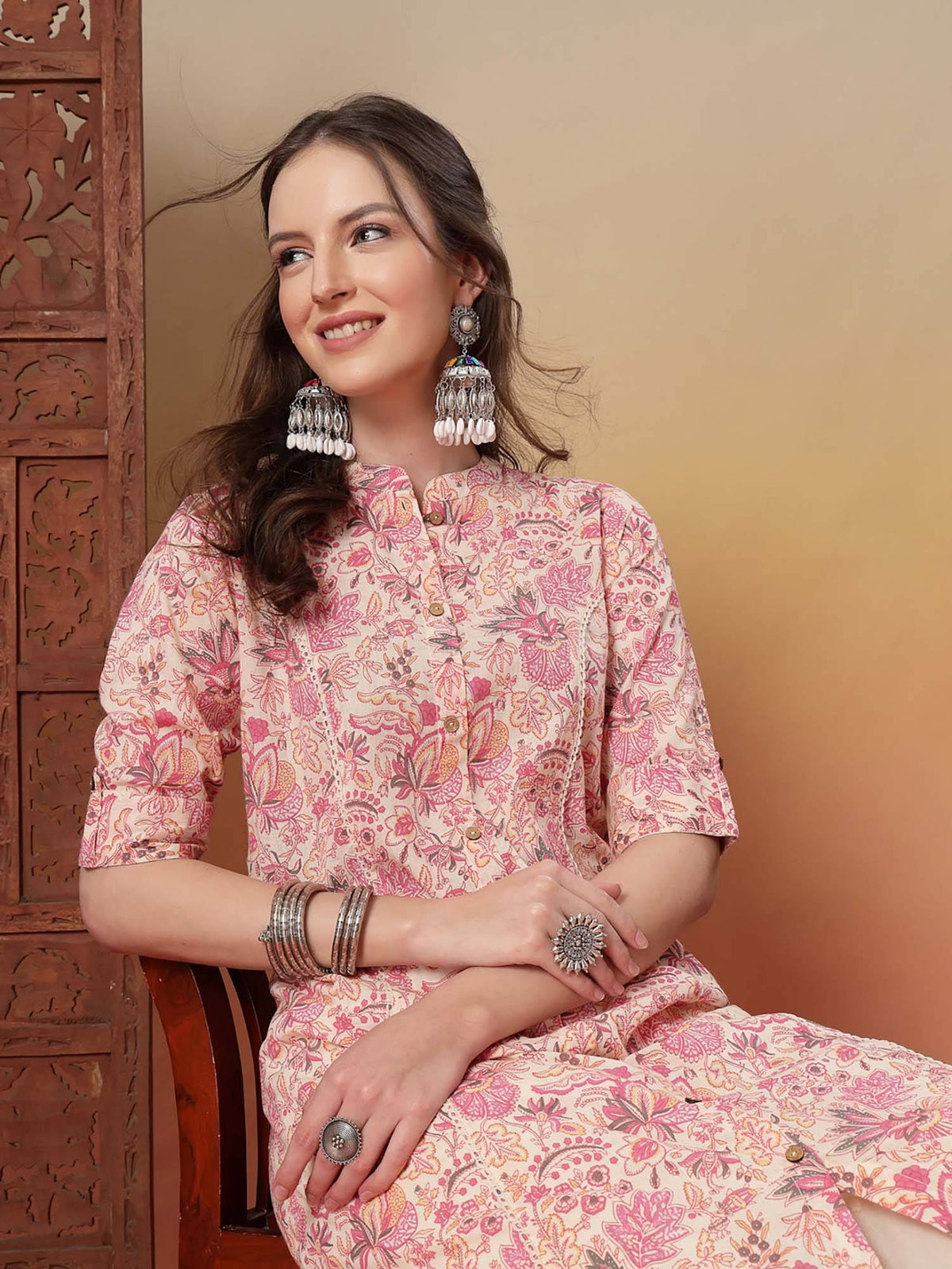 Pink Floral Printed Rayon A-Line Kurta | FY93 - view 6