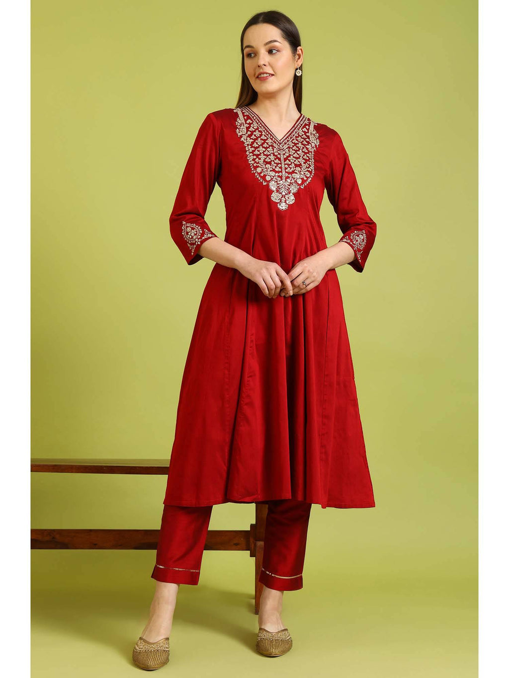 Dark Red Embroidered Anarkali Kurta | KDG - view 1