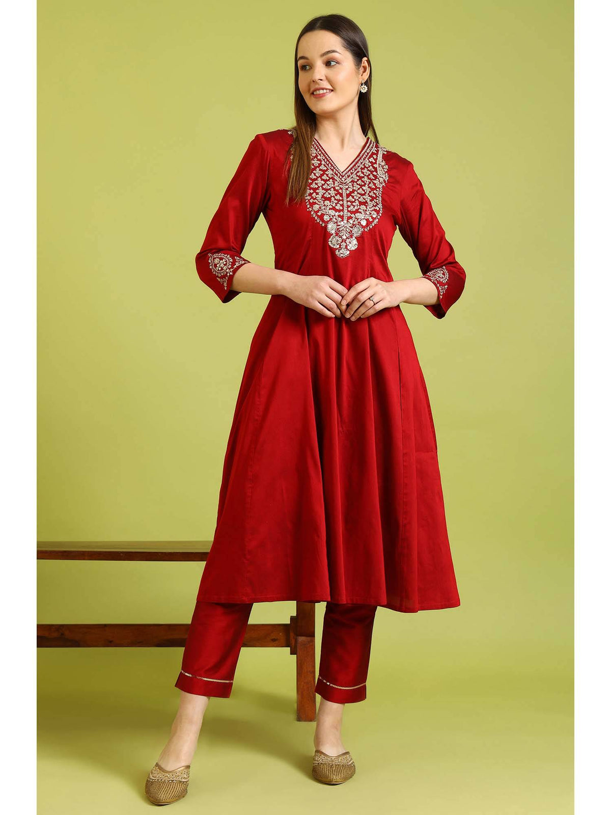 Dark Red Embroidered Anarkali Kurta | FY93 - view 2