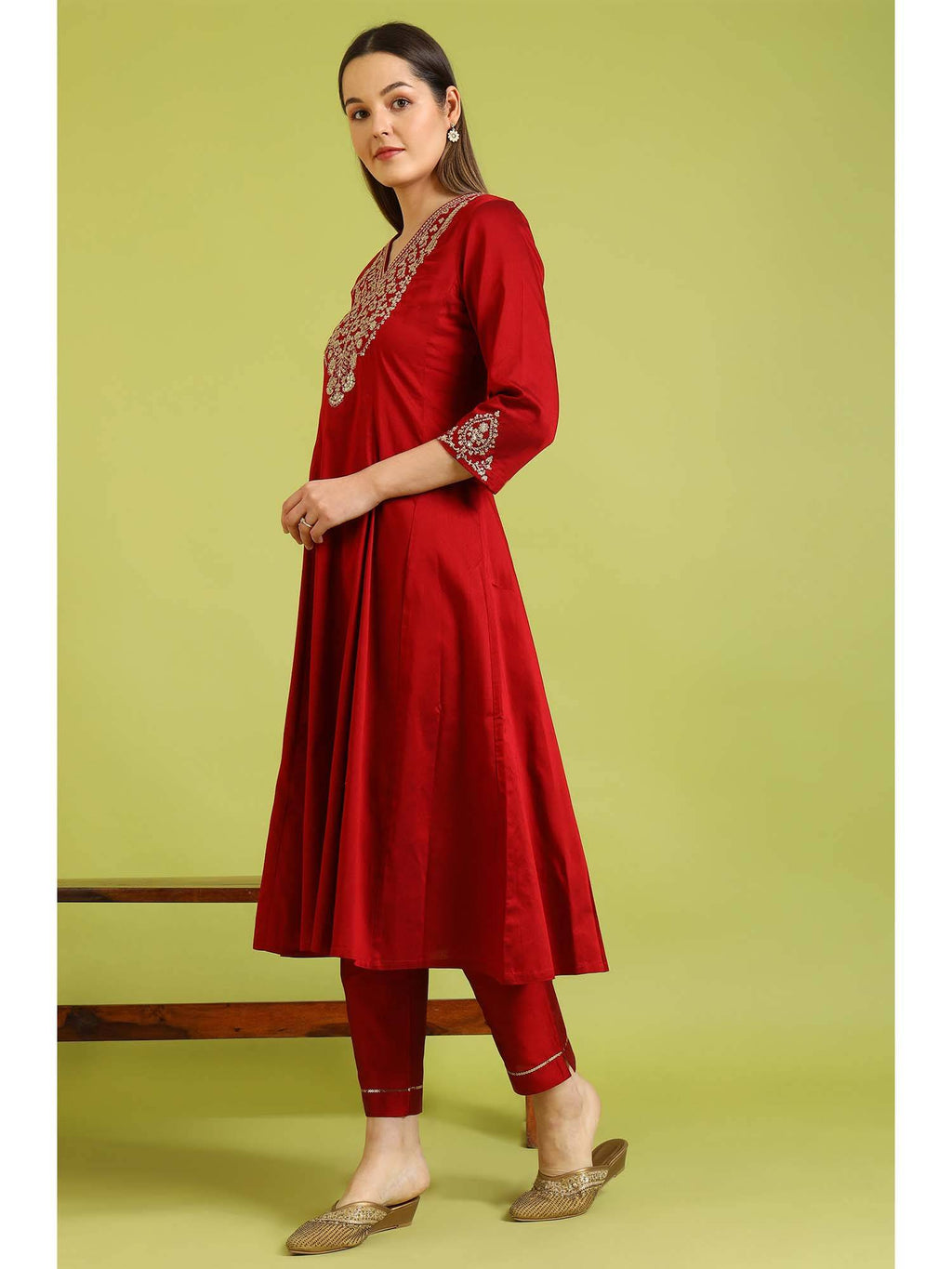 Dark Red Embroidered Anarkali Kurta | KDG - view 4