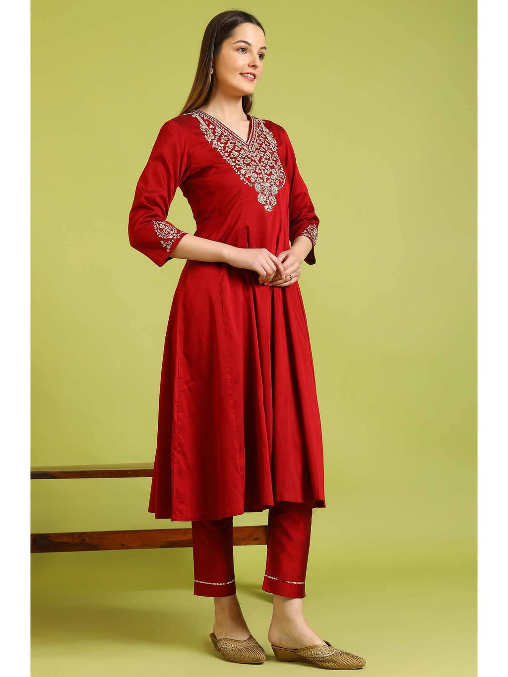 Dark Red Embroidered Anarkali Kurta | KDG - view 6