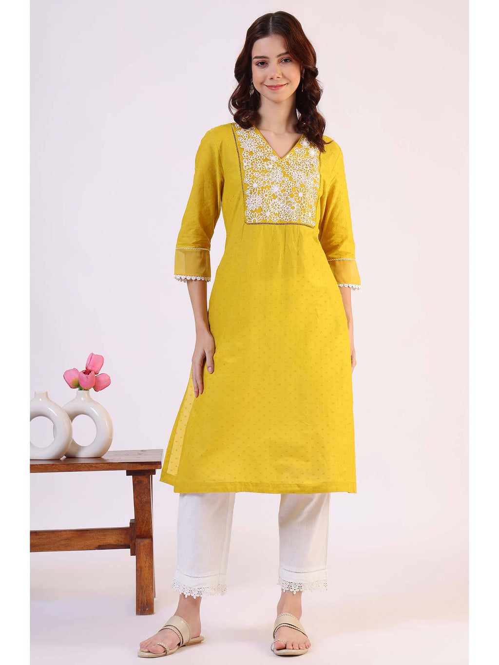 Yellow Floral Embroidered Straight Pure Cotton Kurta | KDG - view 1