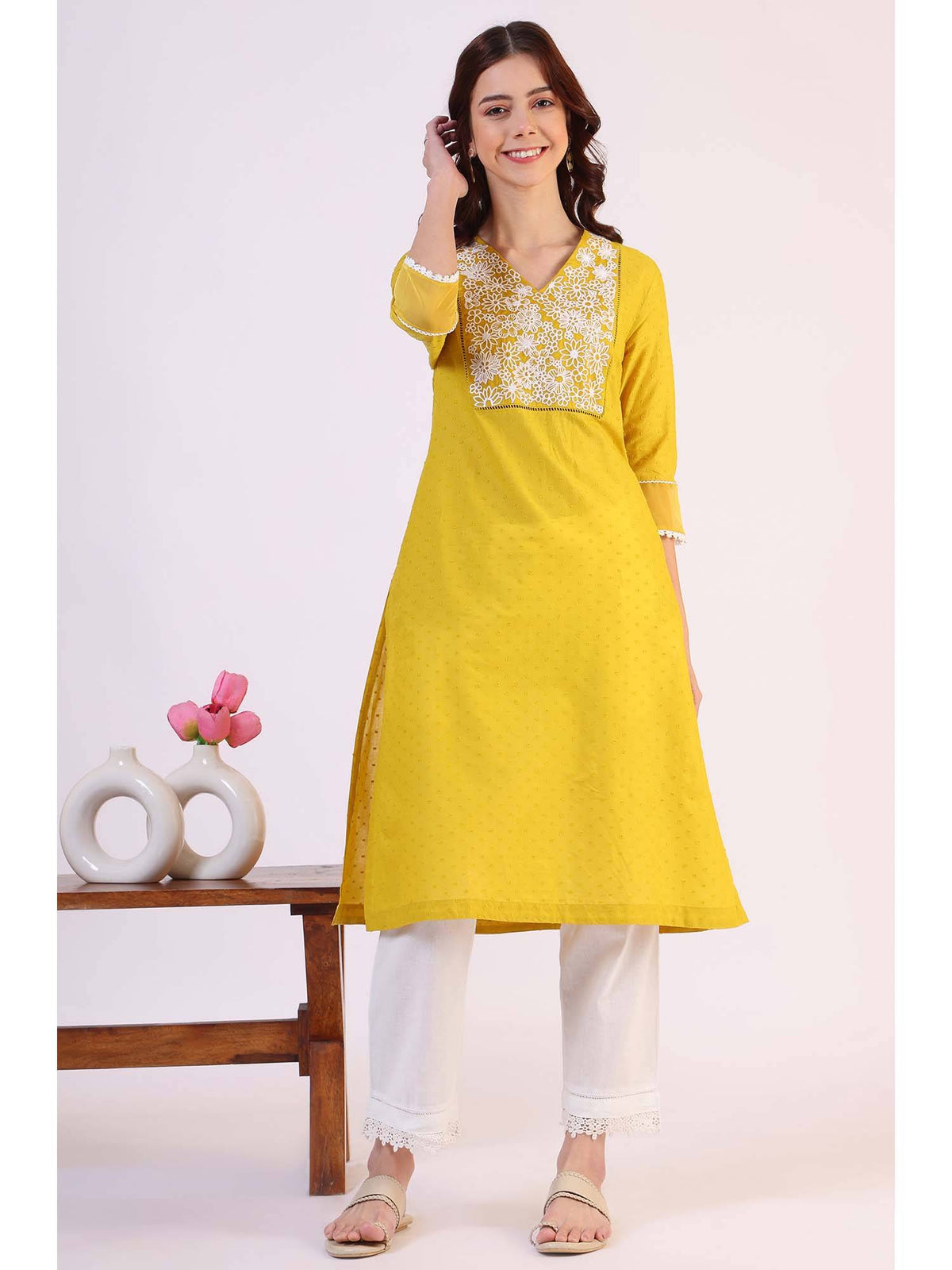 Yellow Floral Embroidered Straight Pure Cotton Kurta | KDG - view 2