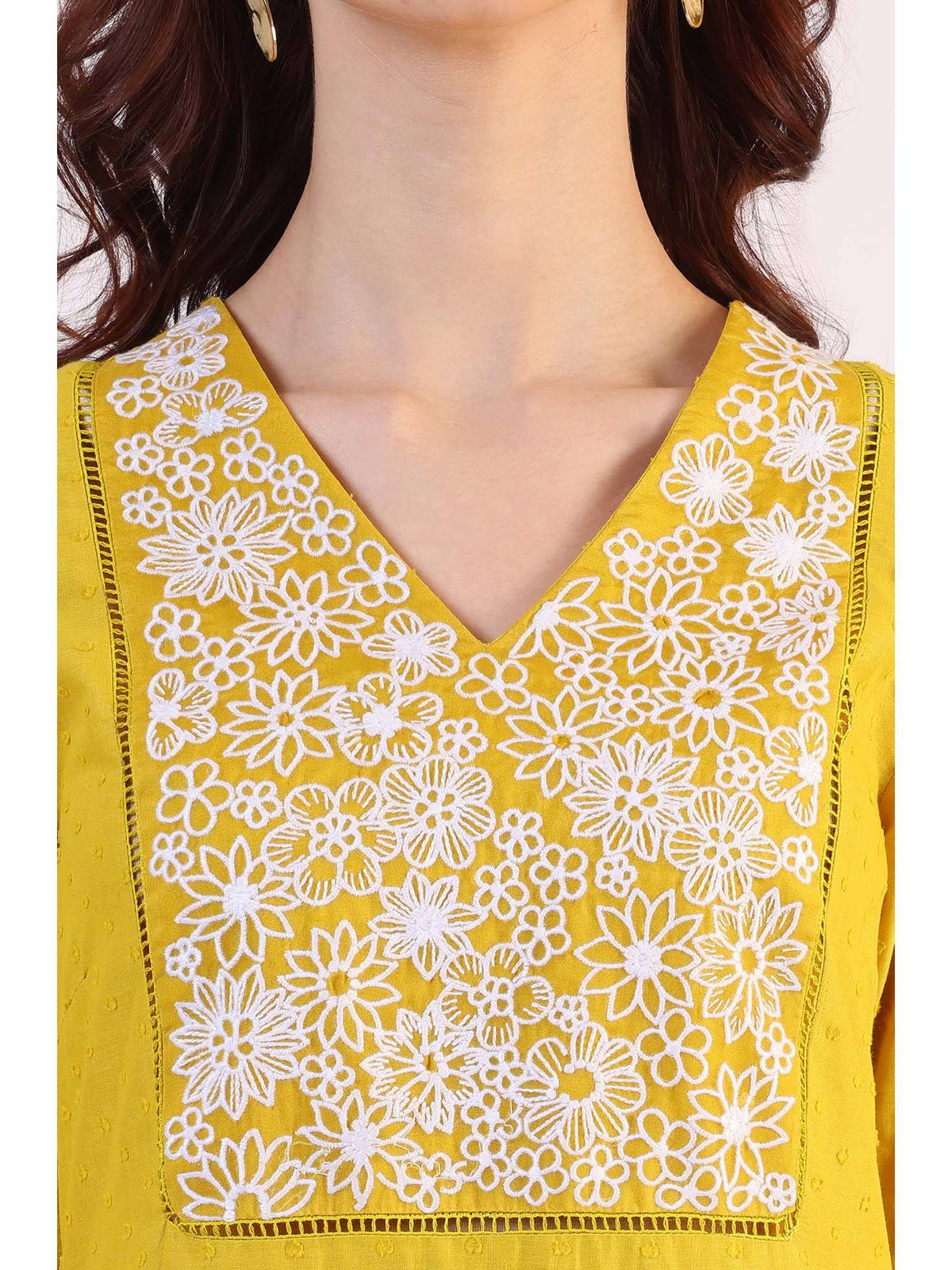 Yellow Floral Embroidered Straight Pure Cotton Kurta | KDG - view 3