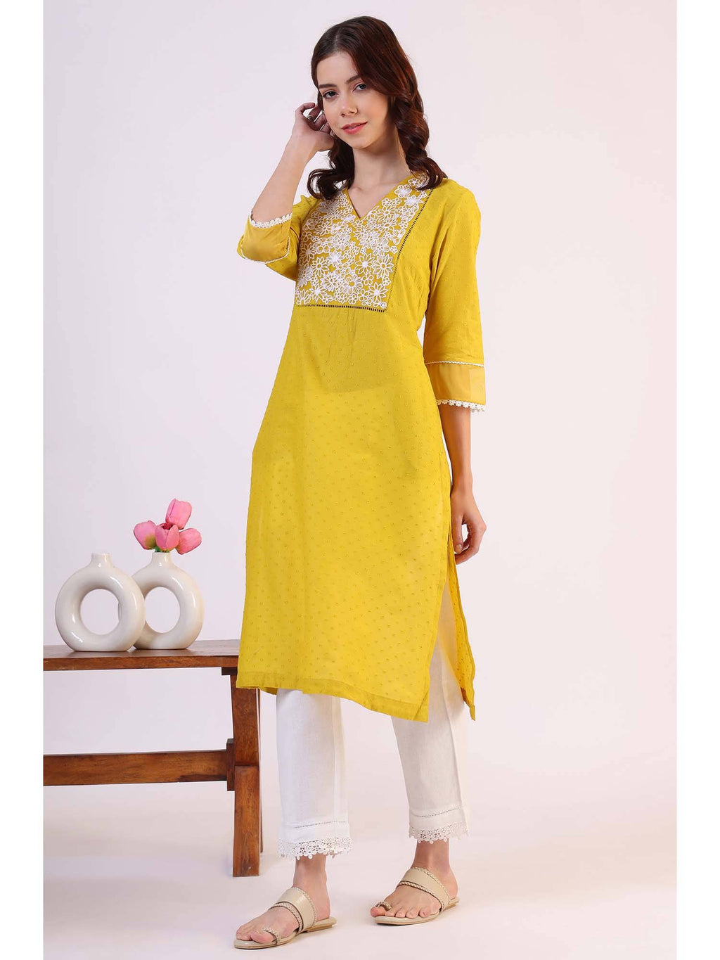 Yellow Floral Embroidered Straight Pure Cotton Kurta | KDG - view 4