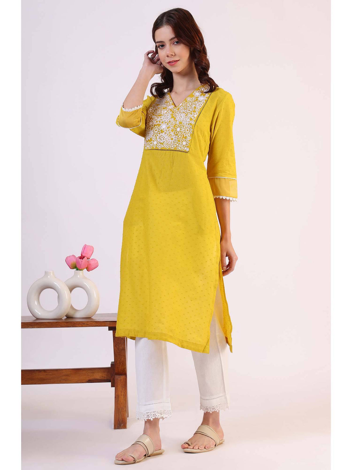 Yellow Floral Embroidered Straight Pure Cotton Kurta | KDG - view 4