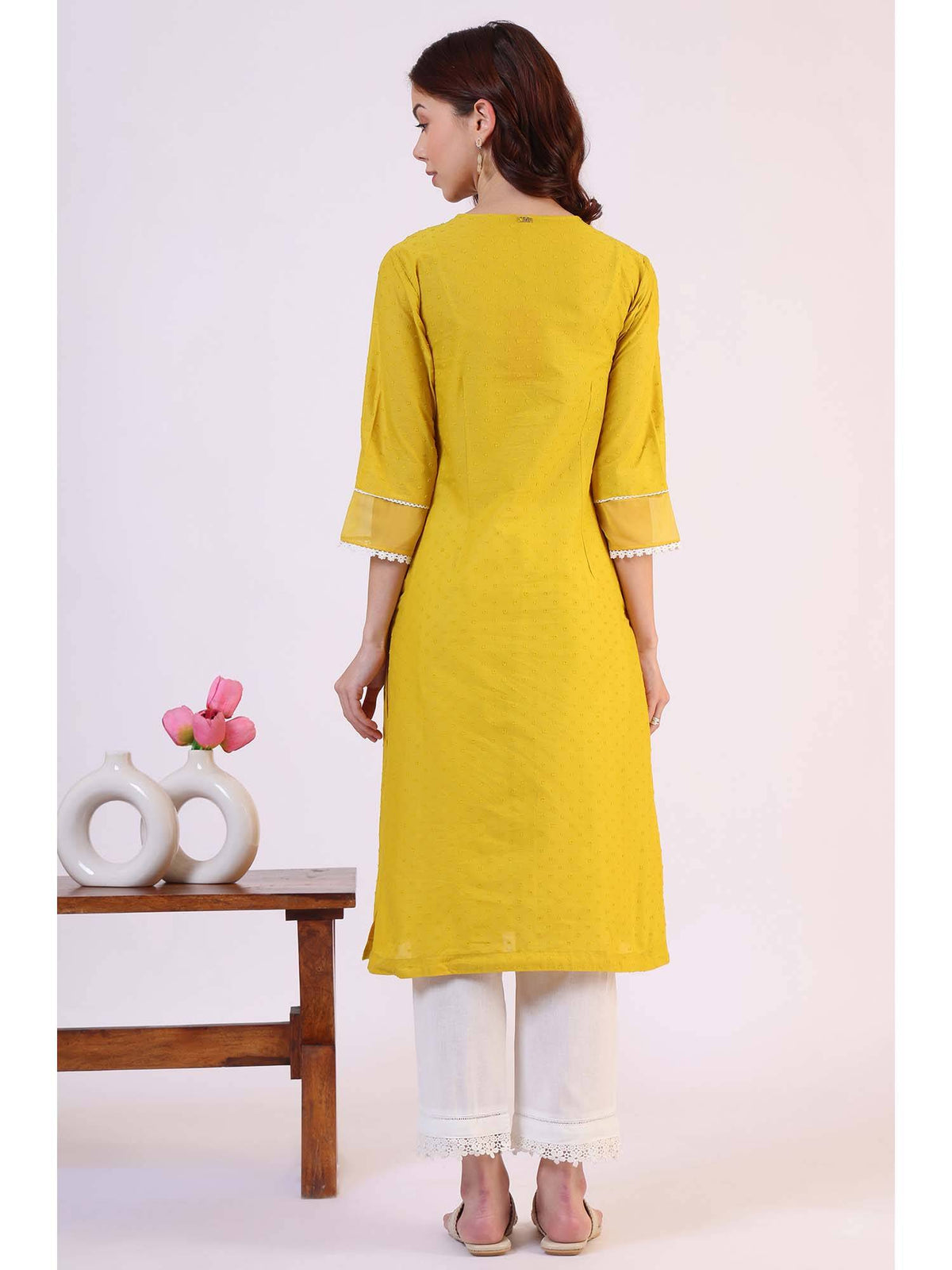 Yellow Floral Embroidered Straight Pure Cotton Kurta | KDG - view 5