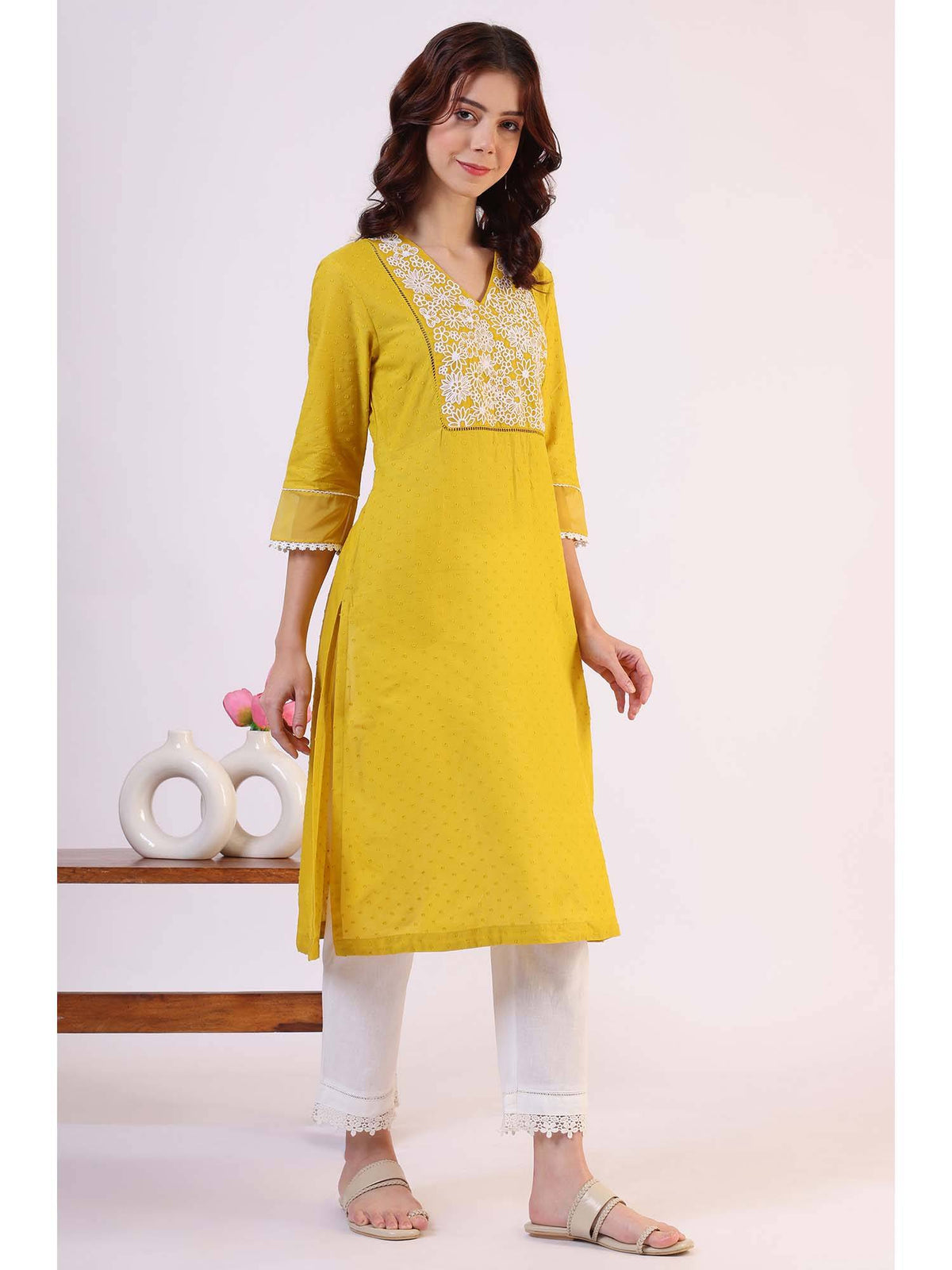Yellow Floral Embroidered Straight Pure Cotton Kurta | KDG - view 6