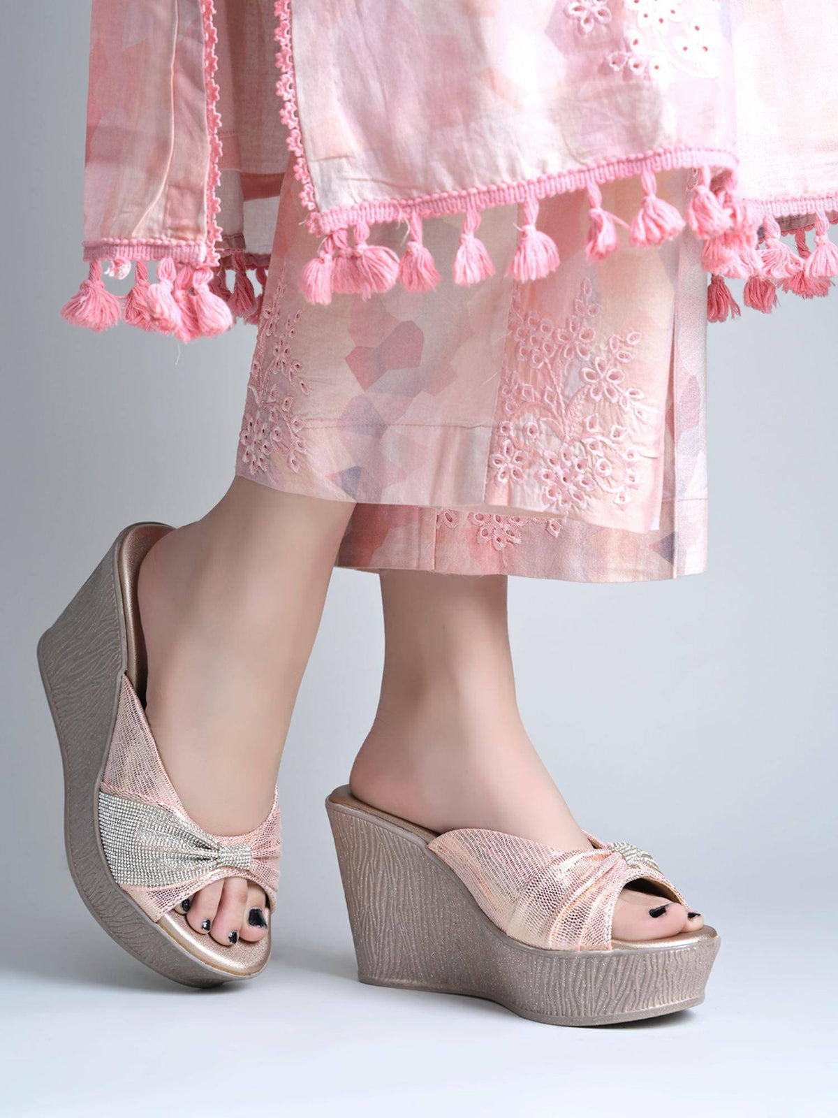 Pink Diamante Knot Wedges Heels For Women | H78 - view 1