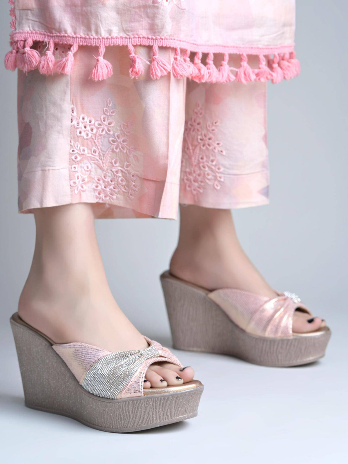 Pink Diamante Knot Wedges Heels For Women | H78 - view 3