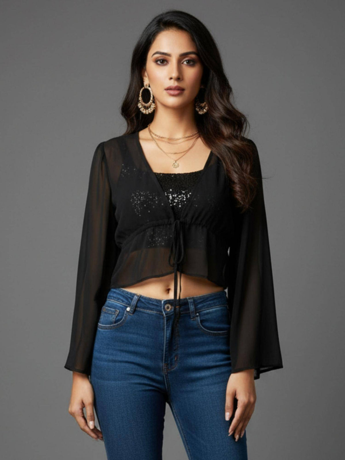 Women Black Tie-Up Semi Sheet Shrug | JC78 - view 1