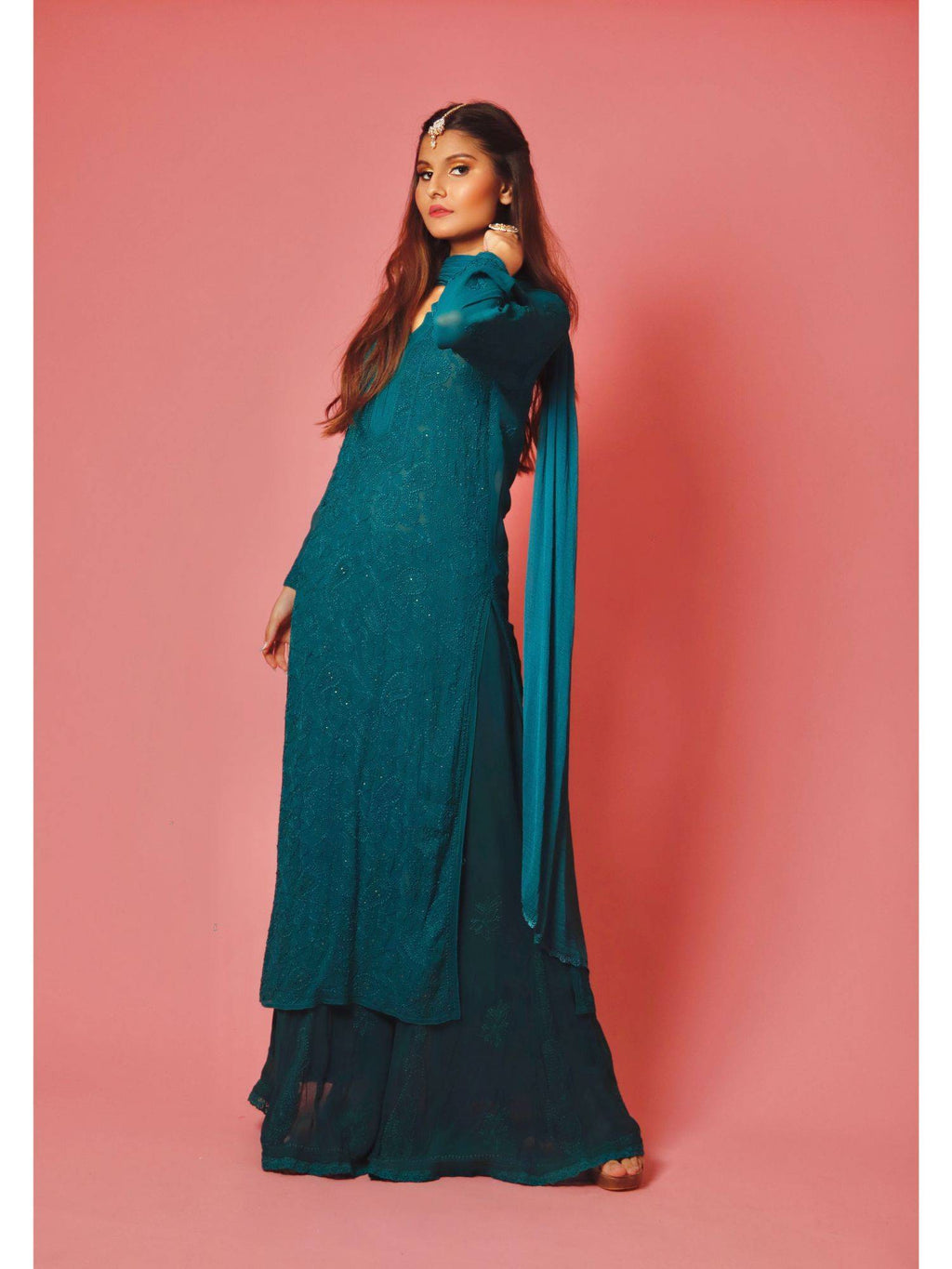 Dreamy Teal Chikankari Kurta | FY93 - view 2