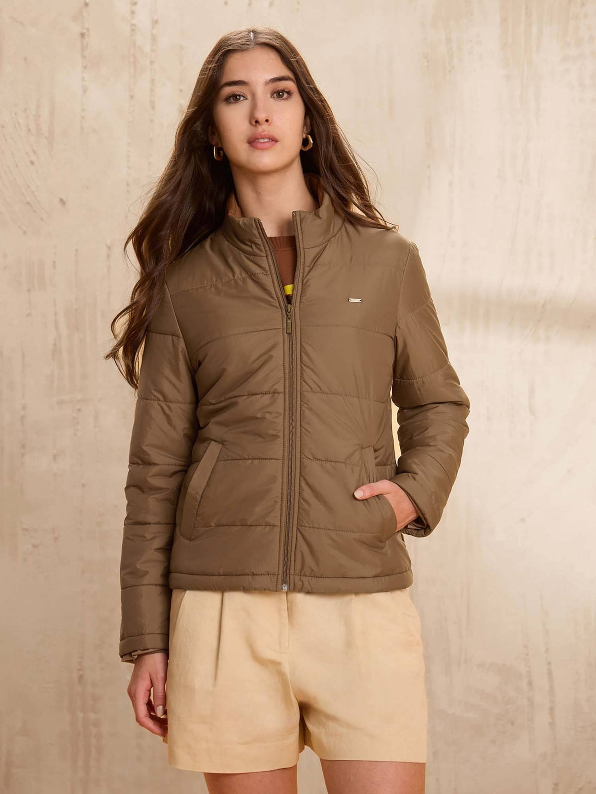 Skinny Fit Solid Padded Brown Puffer Jacket | JC78 - view 1