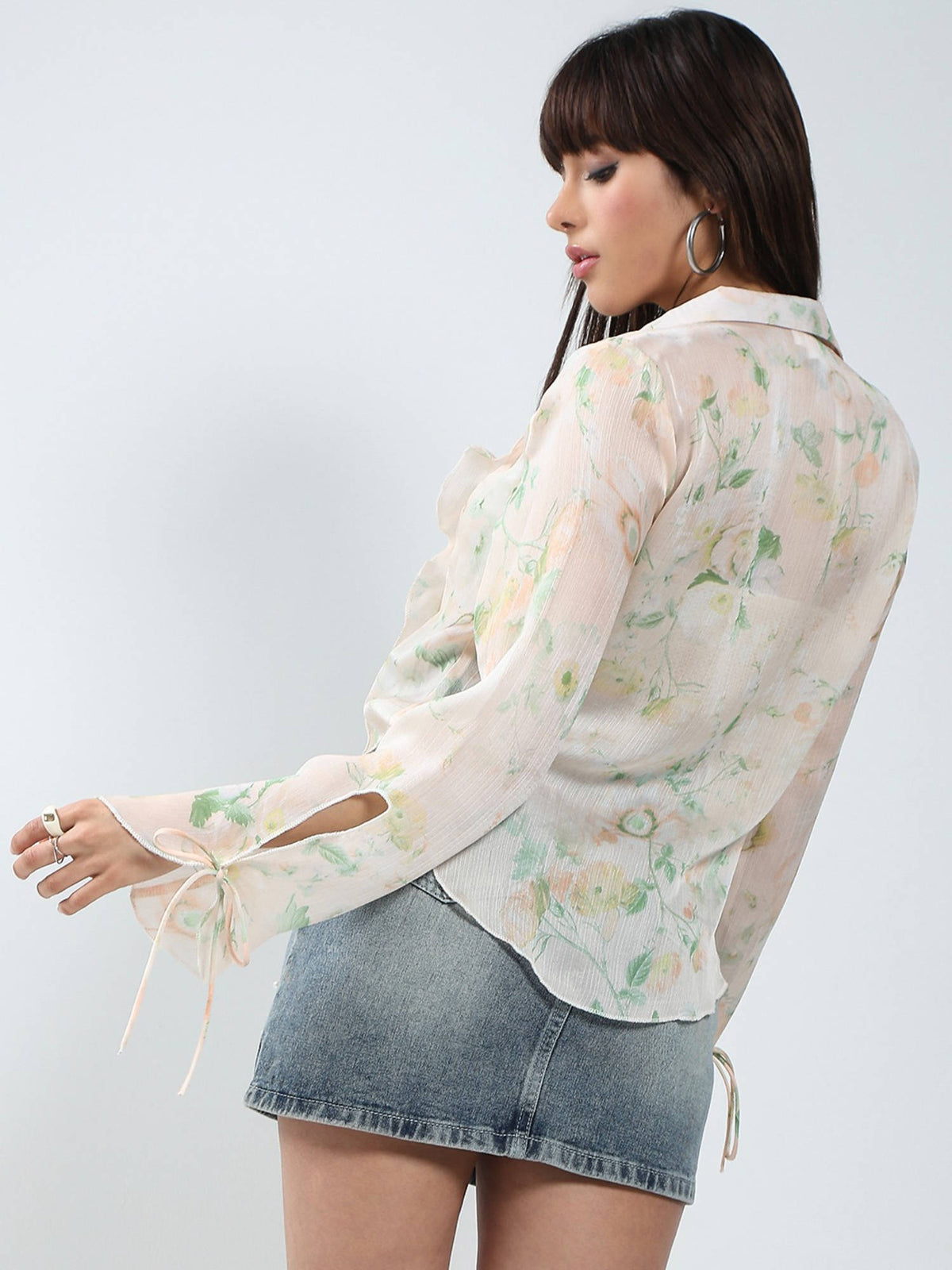 Women Floral Printed Peach Collar Neck Chiffon Shrug | JC78 - view 2
