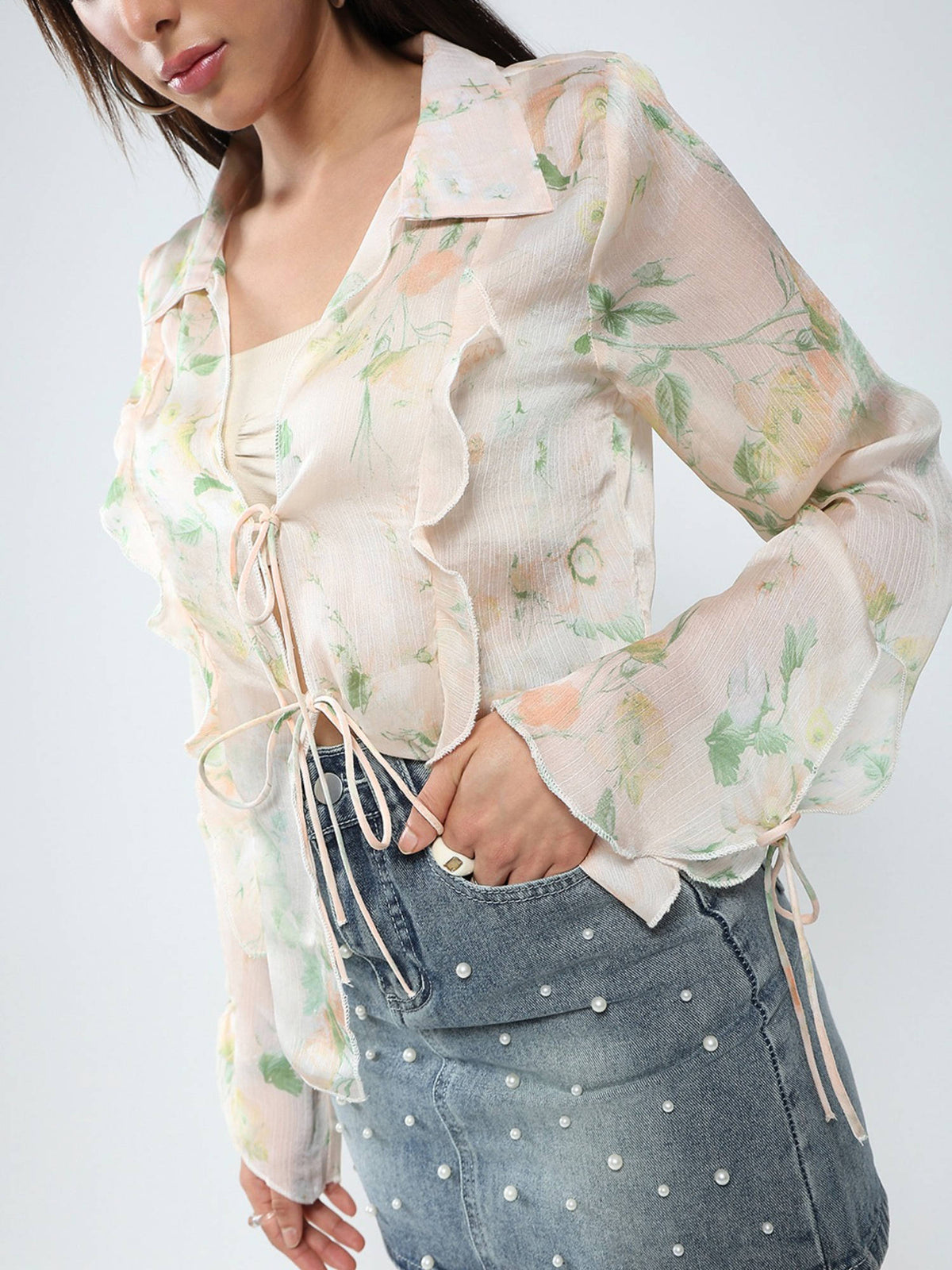 Women Floral Printed Peach Collar Neck Chiffon Shrug | JC78 - view 4