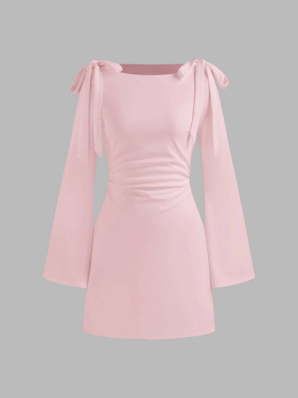 Boat Neckline Solid Ruched Bowknot Mini Dress | D56 - view 1