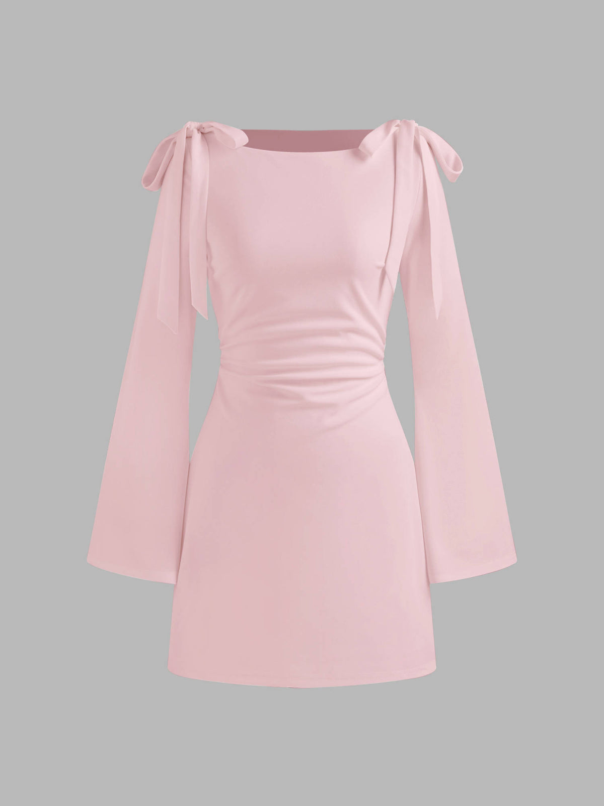 Boat Neckline Solid Ruched Bowknot Mini Dress | D56 - view 1