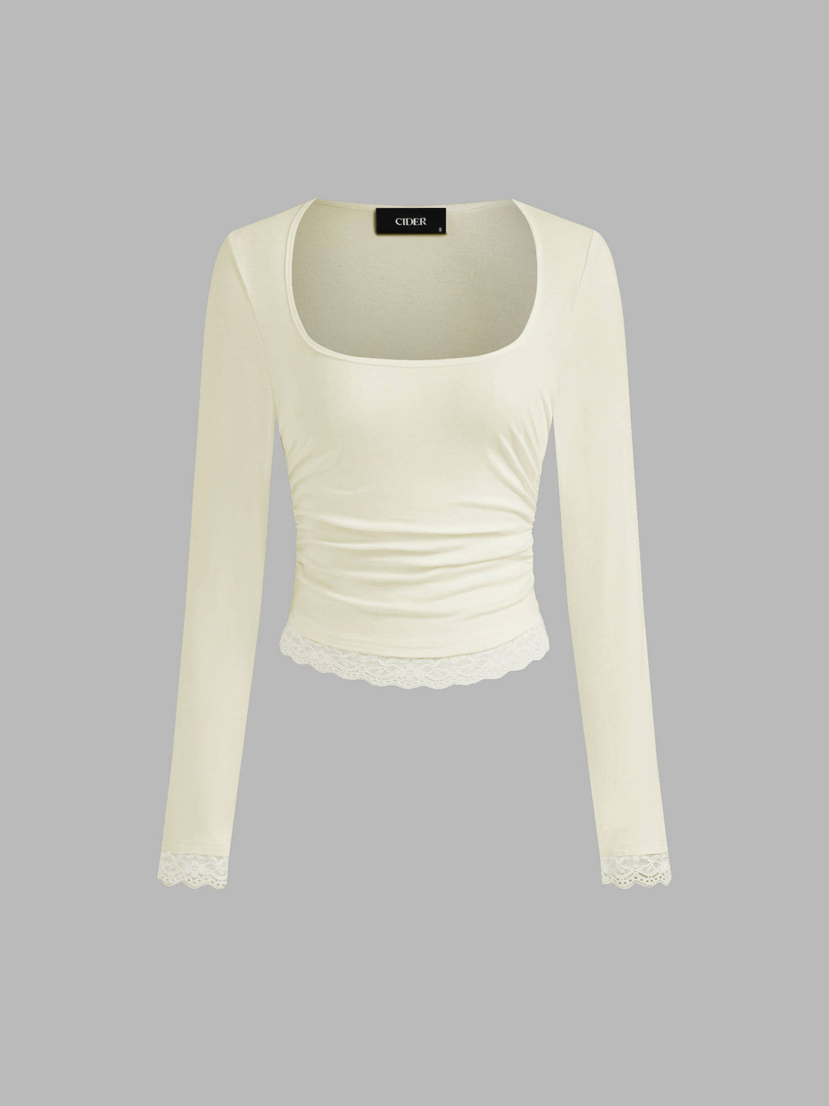 Square Neck Solid Lace Trim Ruched Long Sleeve Tee | TS56 - view 15