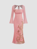 Mesh Square Neckline Floral Knotted Backless Midi Dress | D56 - view 9