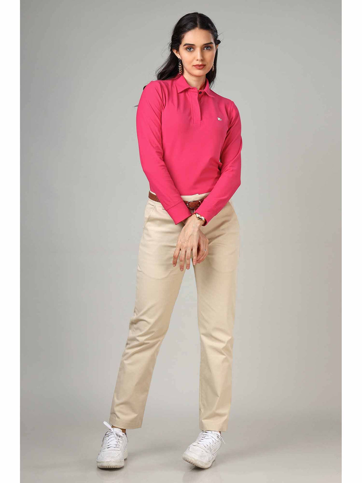 Women's Hot Pink Long Sleeve Polo T-Shirt | PW43 - view 4