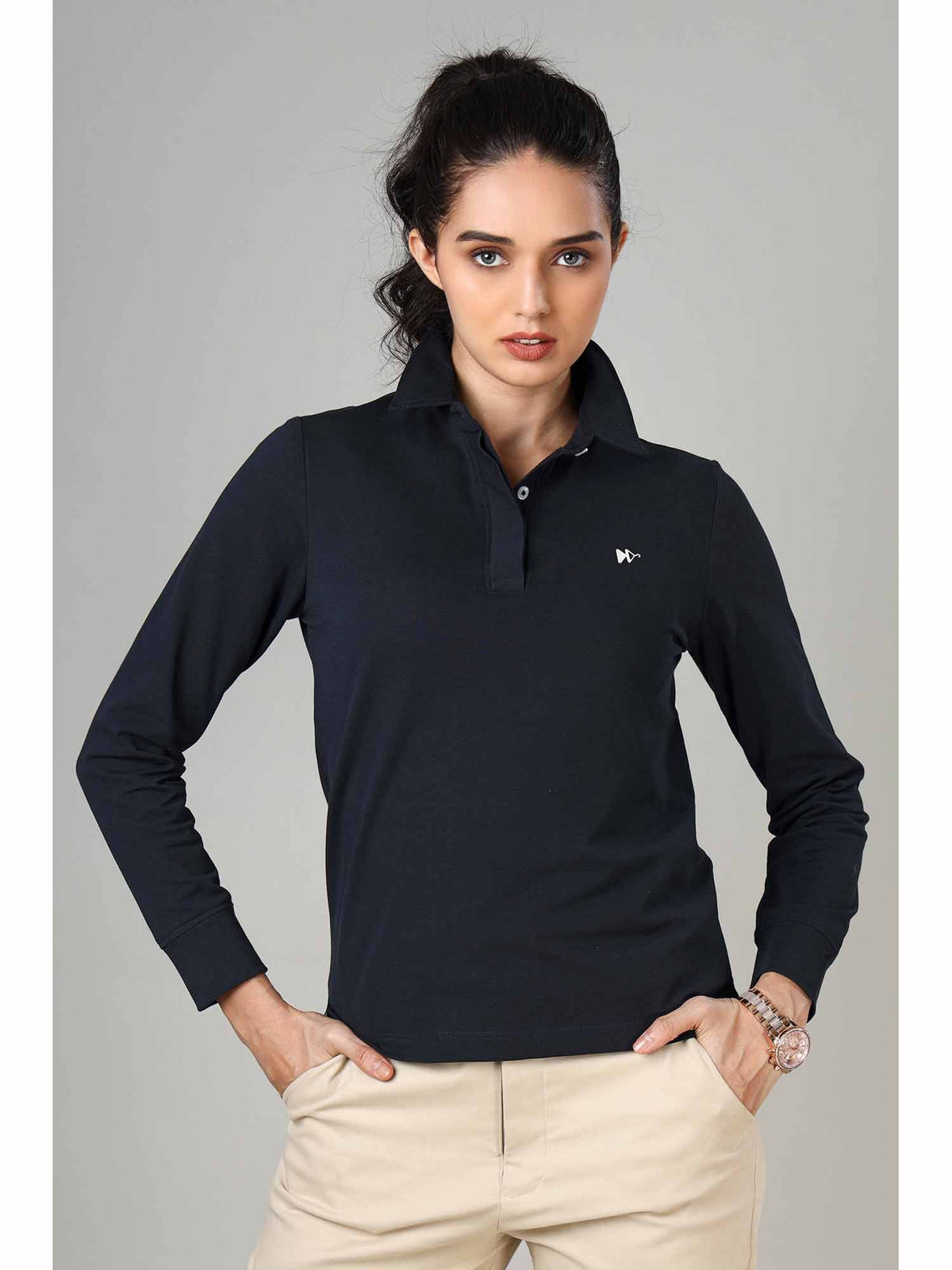 Women's Navy Blue Long Sleeve Polo T-Shirt | PW43 - view 1