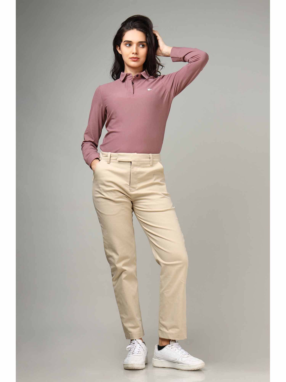 Women's Onion Pink Long Sleeve Polo T-Shirt | PW43 - view 4
