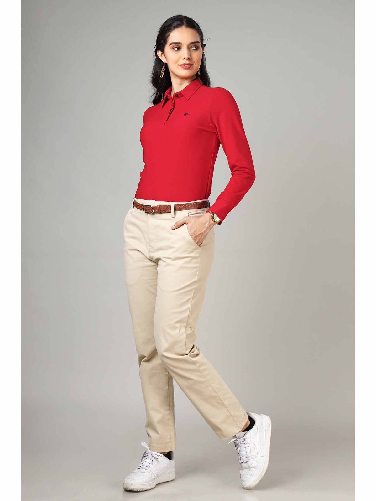 Women's Scarlet Red Long Sleeve Polo T-Shirt | PW43 - view 4