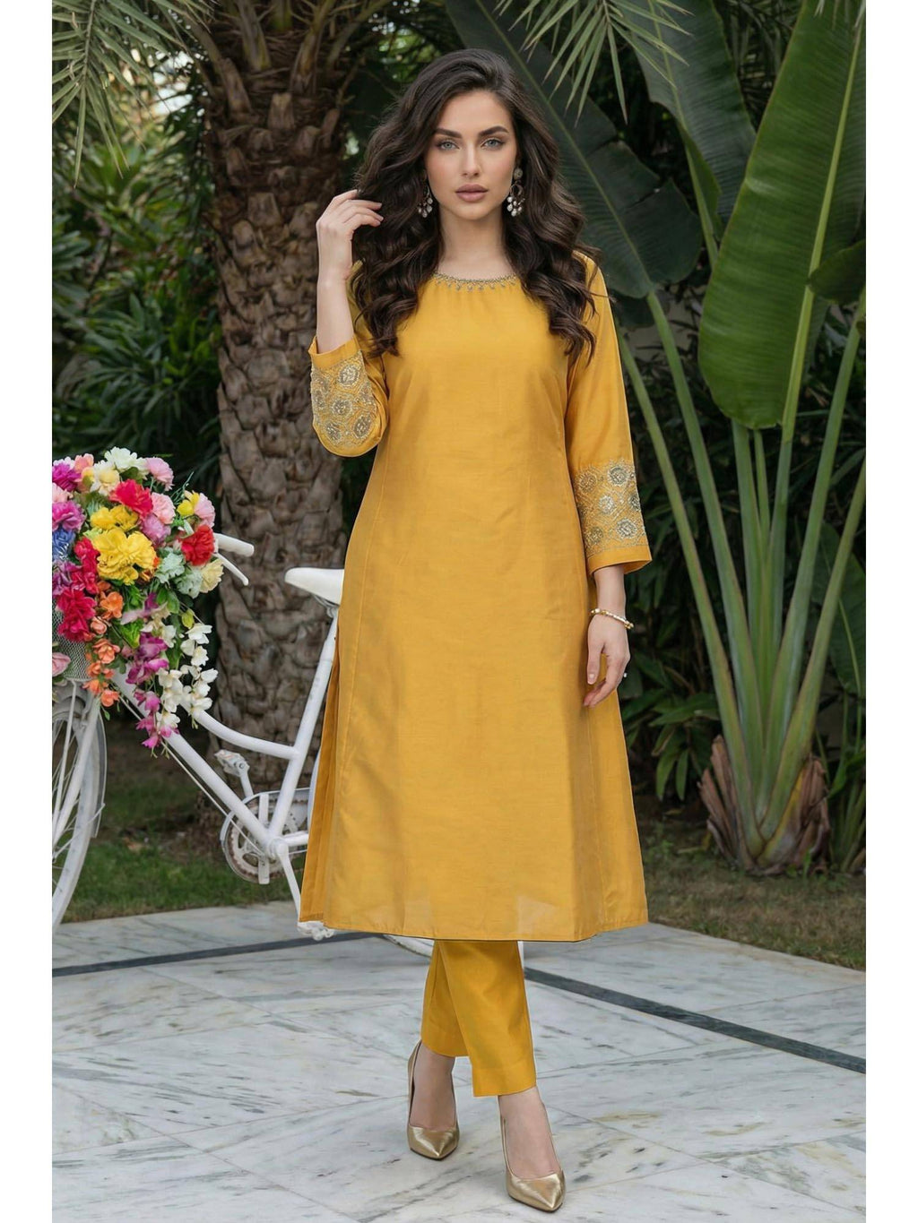Mustard Embroidered A-Line Rayon Kurta | U3S - view 1
