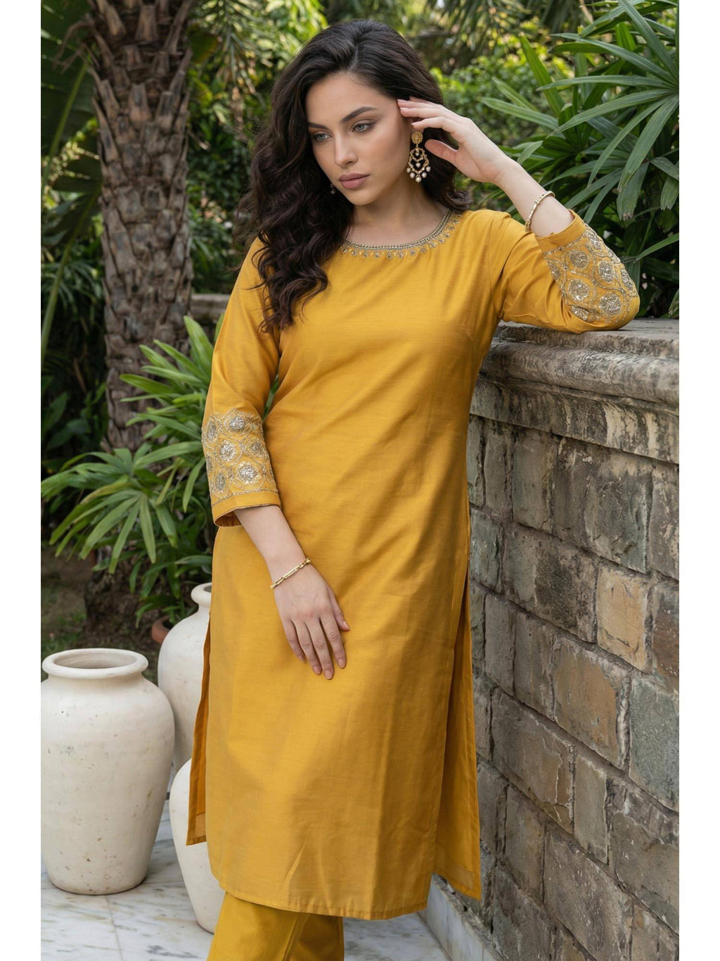 Mustard Embroidered A-Line Rayon Kurta | U3S - view 2