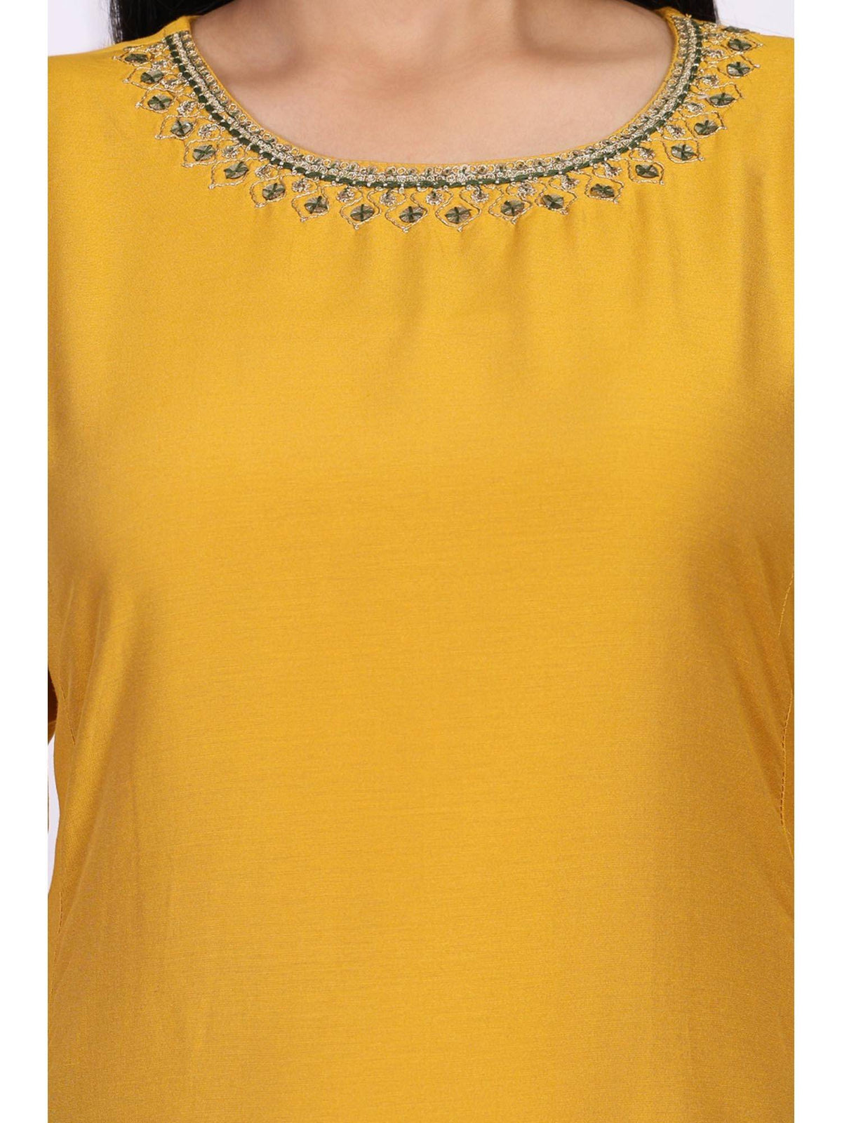 Mustard Embroidered A-Line Rayon Kurta | U3S - view 3