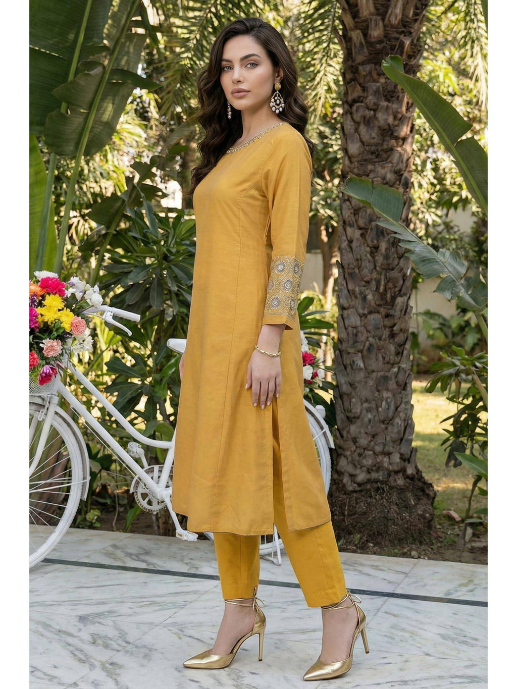 Mustard Embroidered A-Line Rayon Kurta | U3S - view 4
