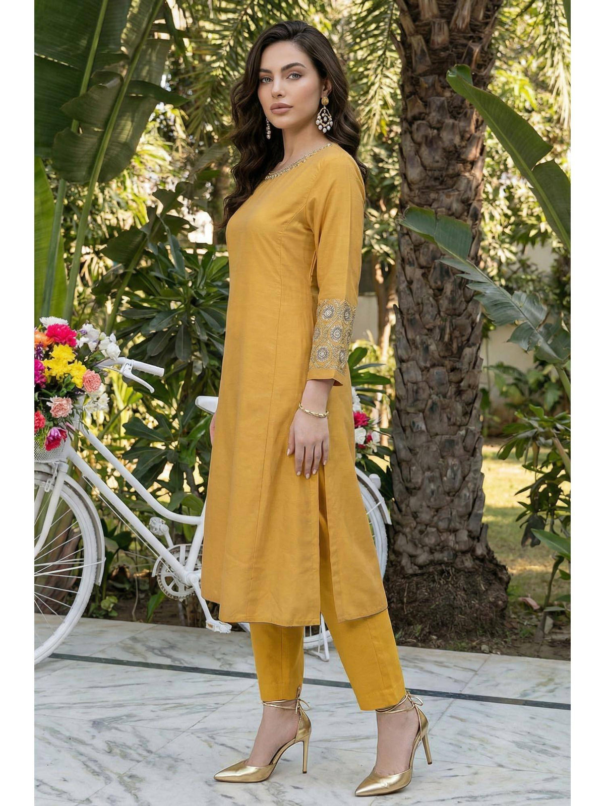 Mustard Embroidered A-Line Rayon Kurta | U3S - view 4