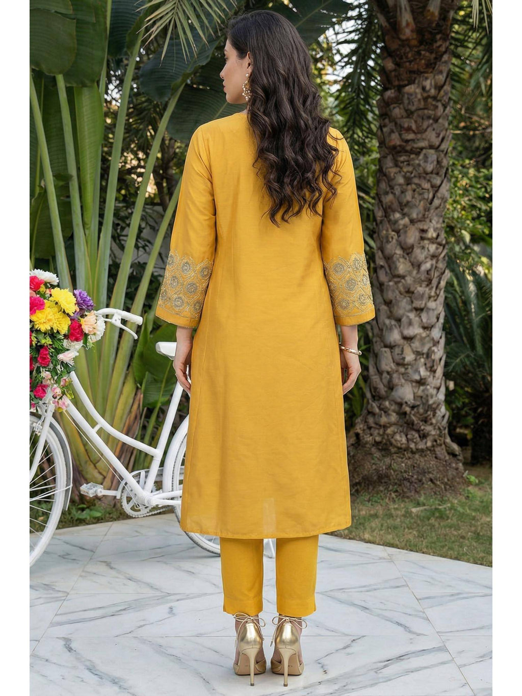 Mustard Embroidered A-Line Rayon Kurta | U3S - view 5