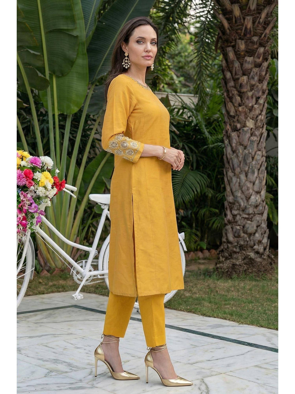 Mustard Embroidered A-Line Rayon Kurta | U3S - view 6