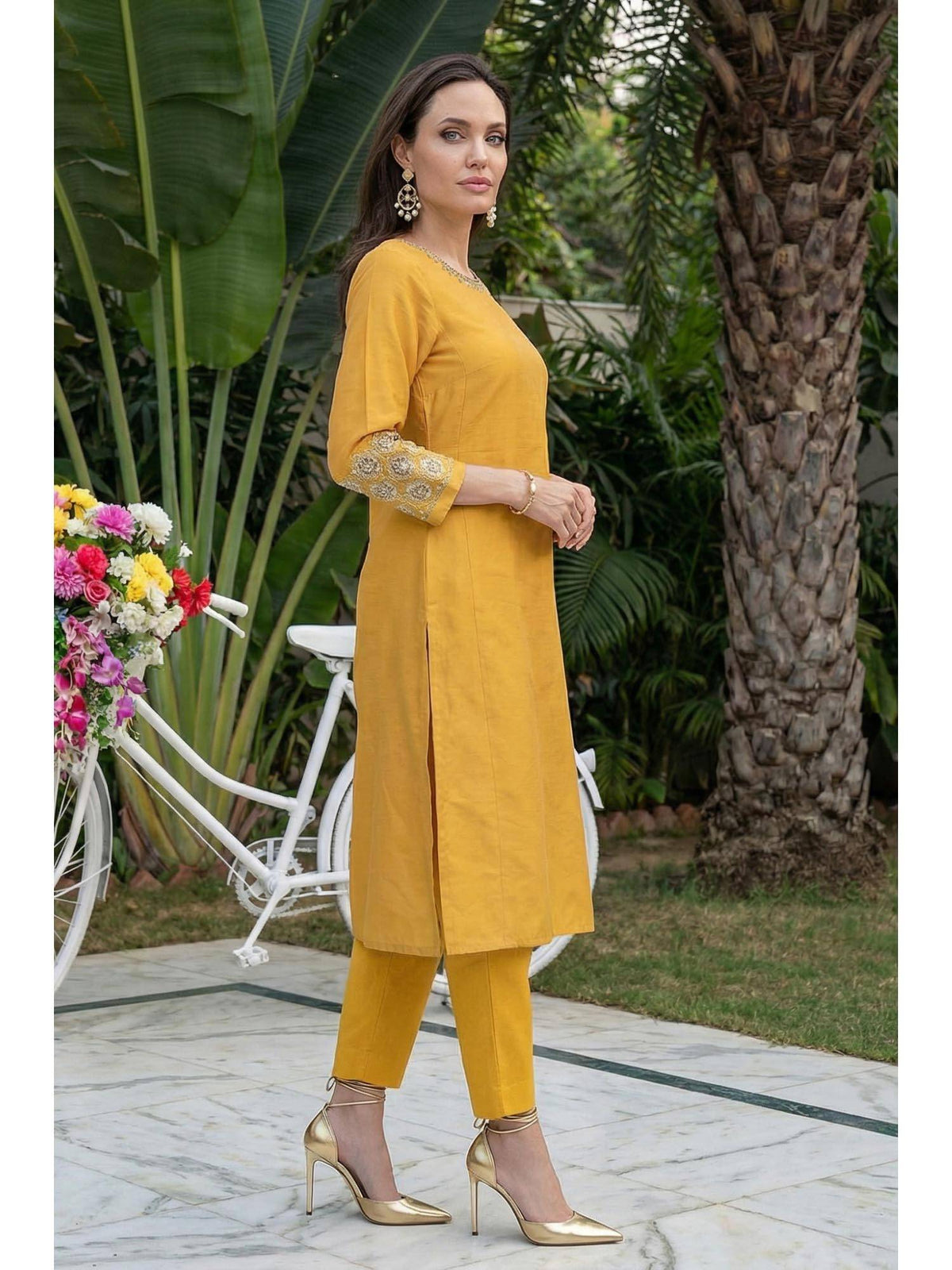 Mustard Embroidered A-Line Rayon Kurta | U3S - view 6