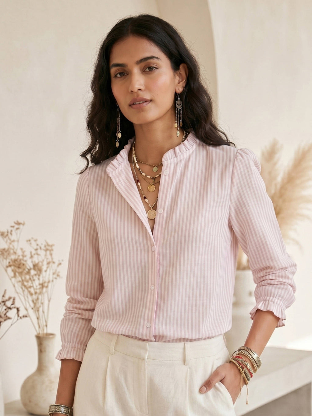 Men Pink Cotton Linen Stripes Shirt | S67 - view 1