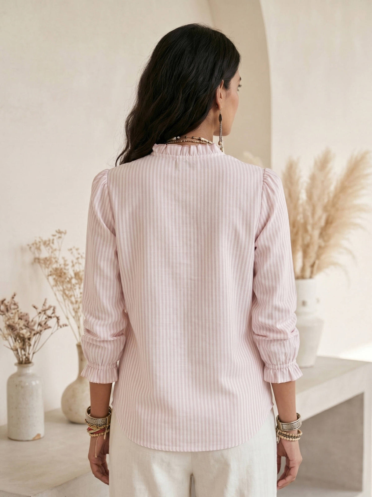 Men Pink Cotton Linen Stripes Shirt | S67 - view 2