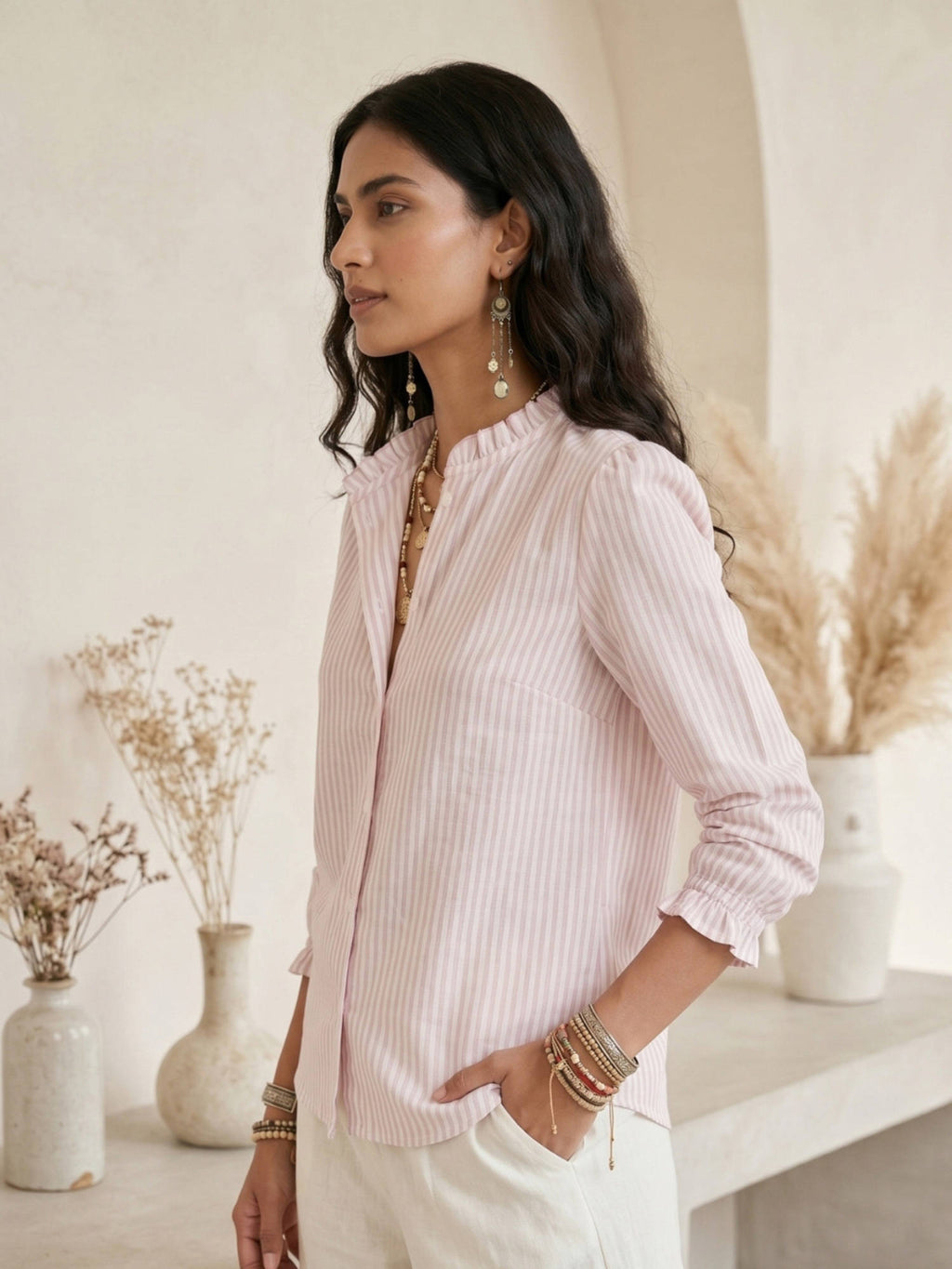 Men Pink Cotton Linen Stripes Shirt | S67 - view 3