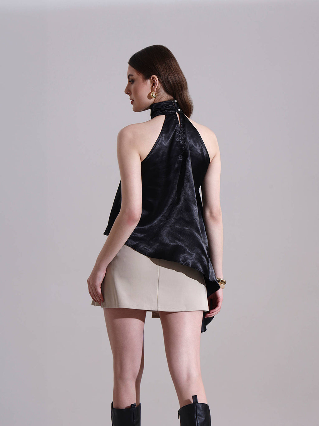 Women Black Satin Solid Top | HT67 - view 2