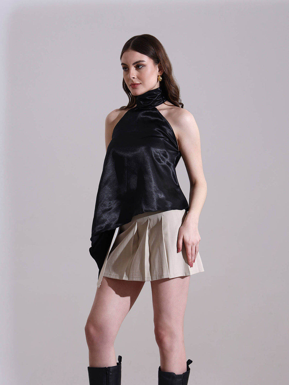 Women Black Satin Solid Top | HT67 - view 4