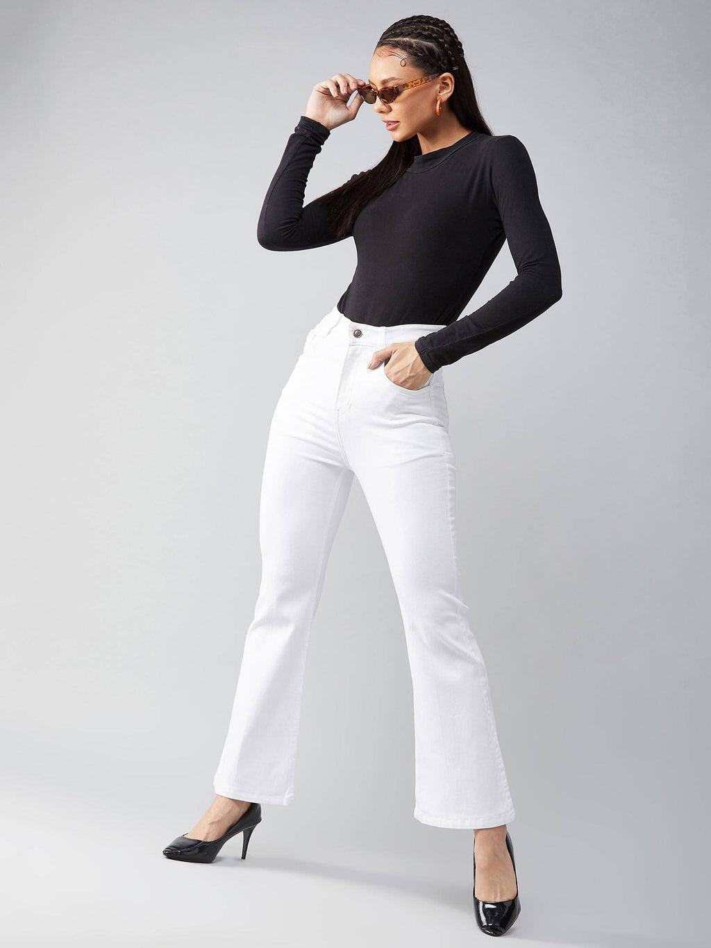 Womens White Bootcut High Rise Clean Look Stretchable Denim Jeans | BT10 - view 6
