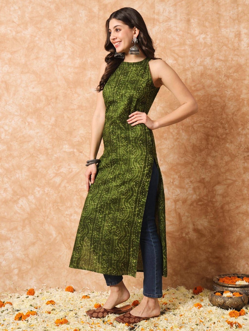 Pine Green Bandhani Straight Indo Western Kurta | FY93 - view 6