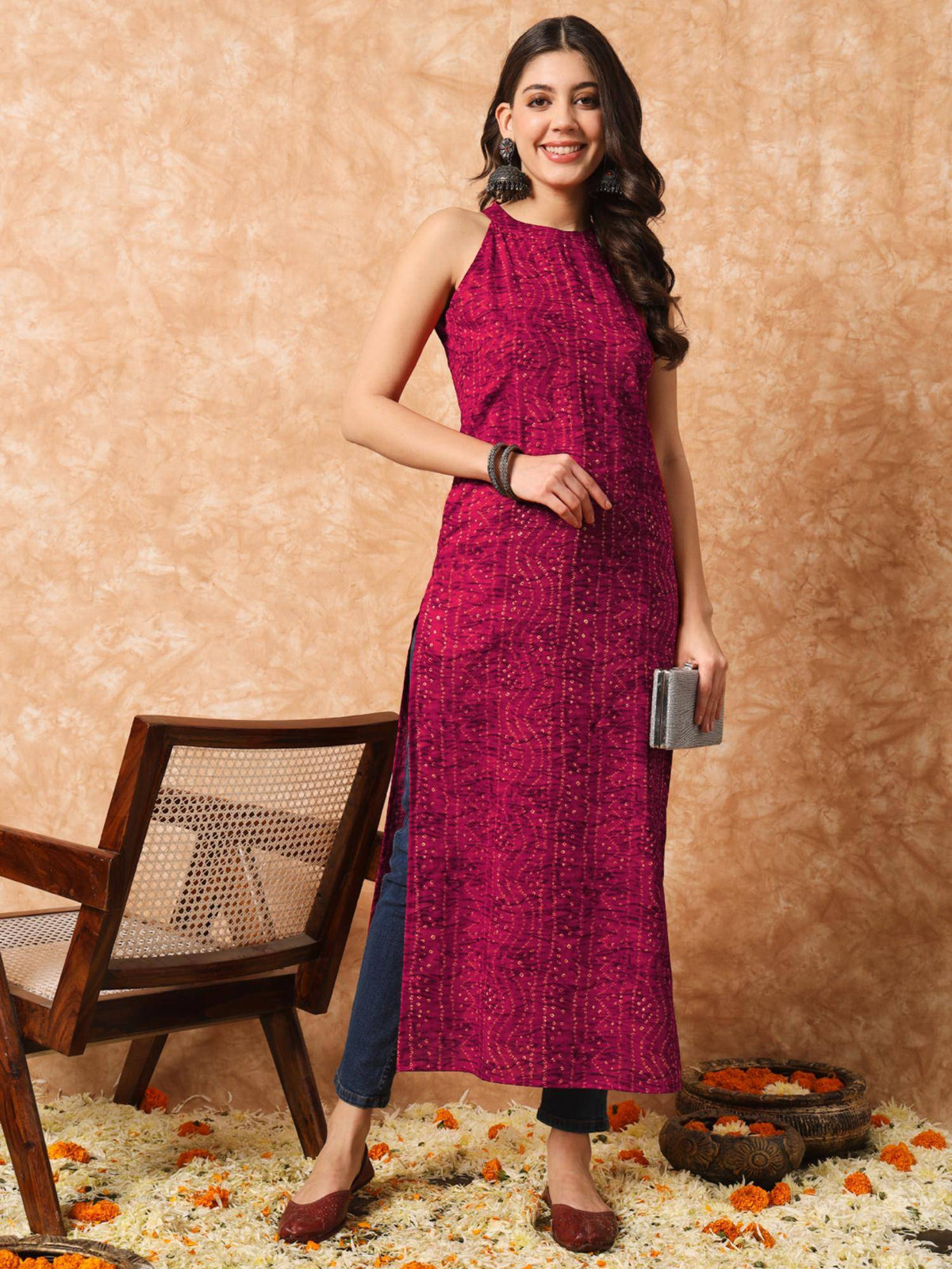 Rani Pink Bandhani Straight Indo Western Kurta | U3S - view 1
