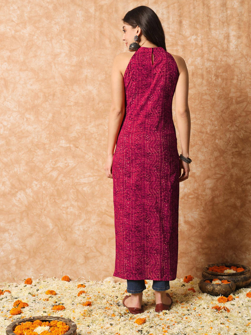 Rani Pink Bandhani Straight Indo Western Kurta | U3S - view 4