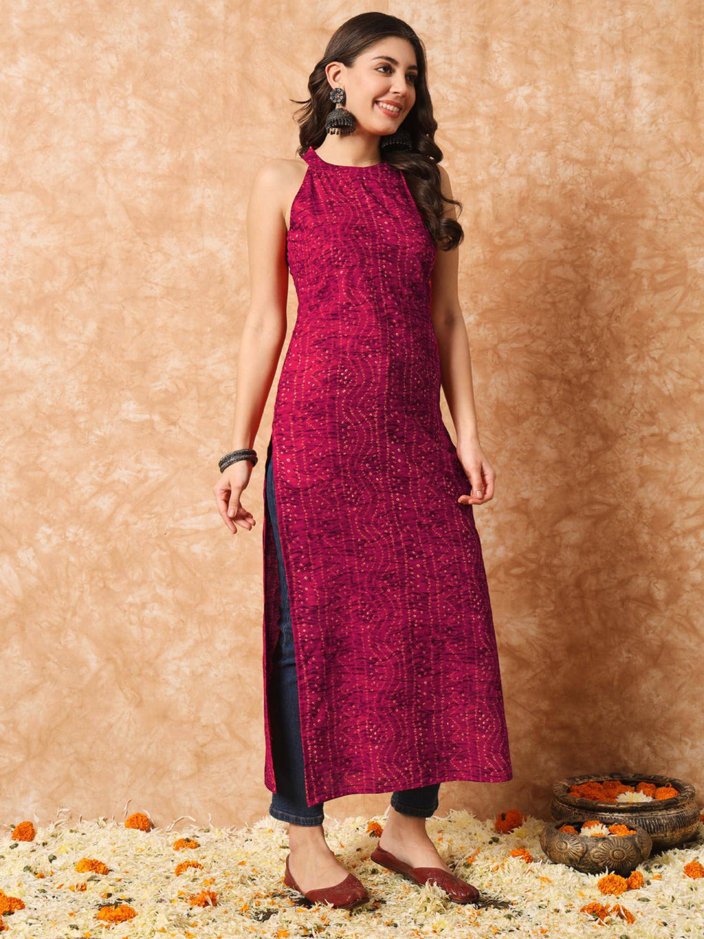 Rani Pink Bandhani Straight Indo Western Kurta | U3S - view 5