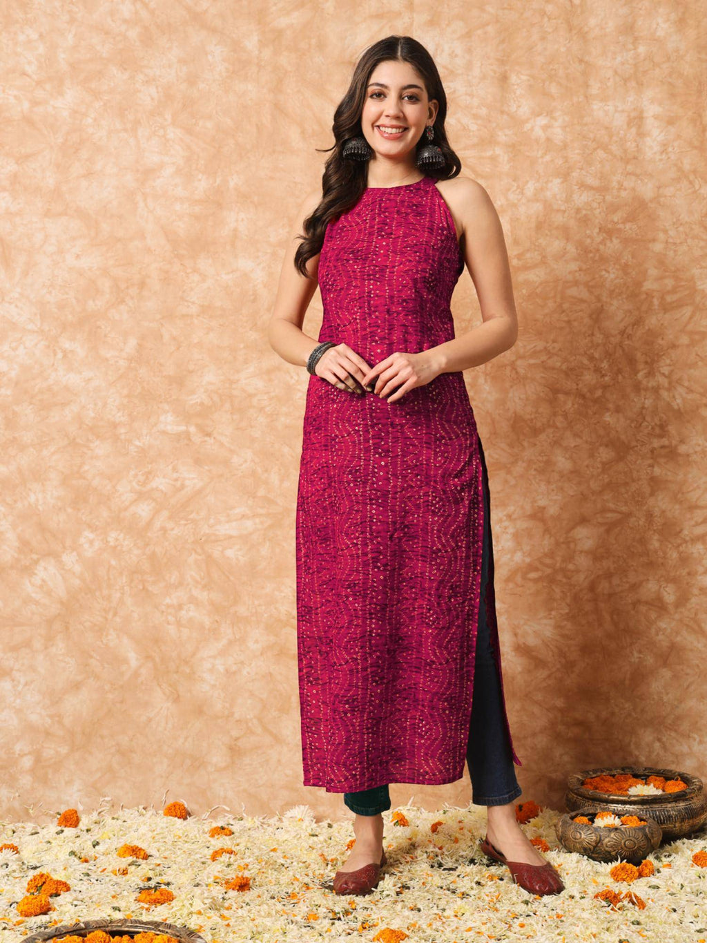 Rani Pink Bandhani Straight Indo Western Kurta | U3S - view 6